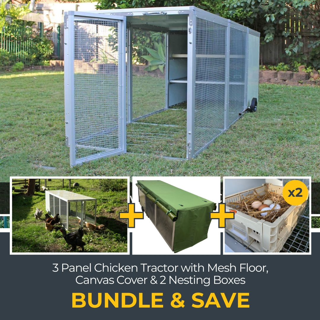3-Panel Chicken Tractor + Mesh Floor + Canvas Cover + 2 Nesting Boxes Bundle